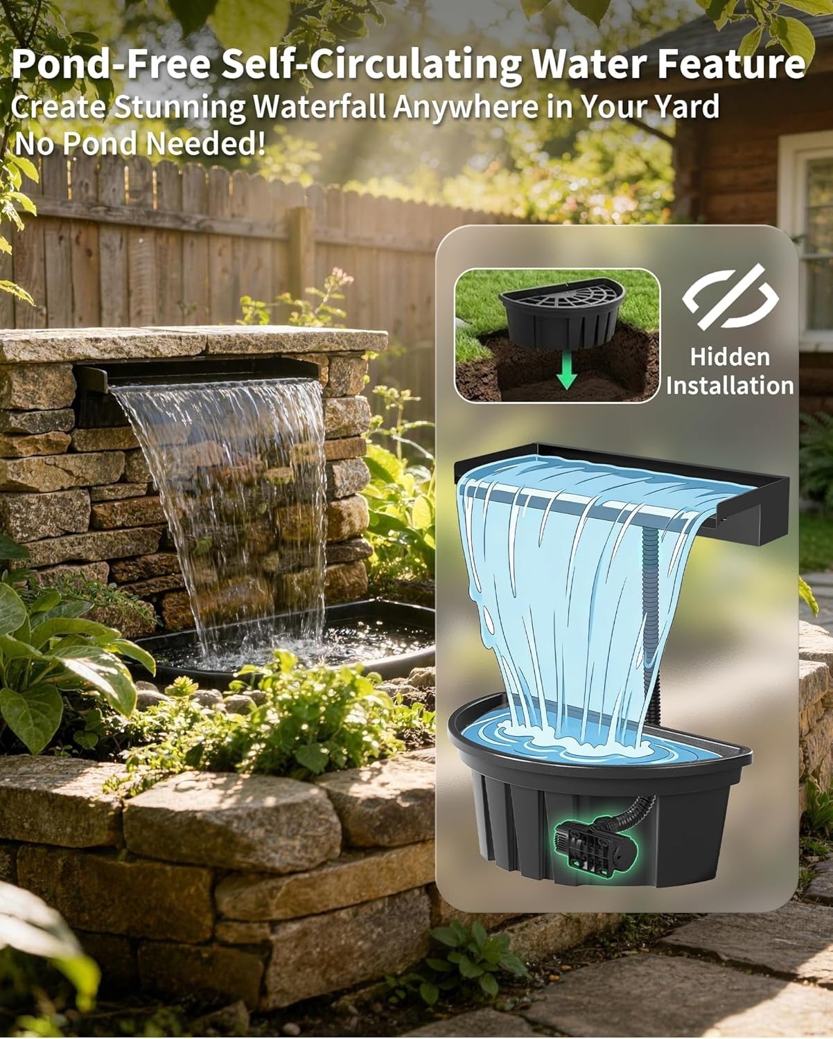 POPOSOAP 1600GPH Pondless Waterfall Kit with Light