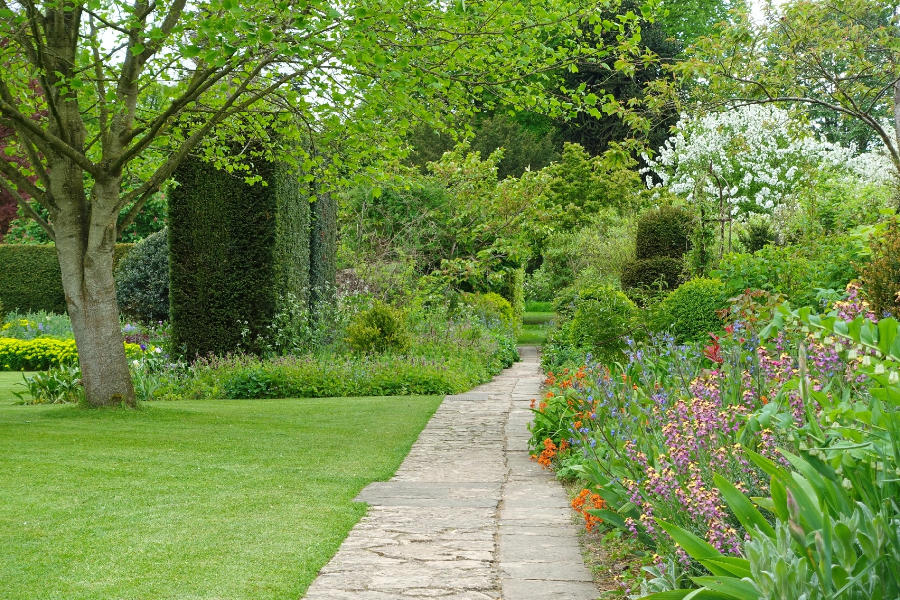 Scenic View of a Stone Paved Path trough a Grass Lawn and Flower Bed in a Beautiful Landscape Garden