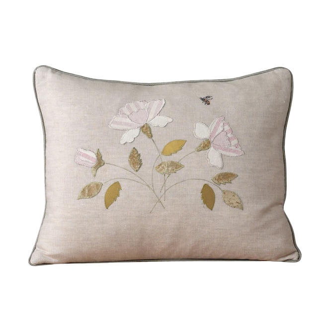 Embroidered white rose linen cushion